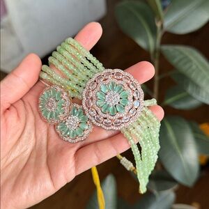 Light Mint and Pink Kundan Indian Choker Necklace Earring Set